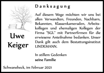 Traueranzeige von Uwe Keiger  von Magdeburger Volksstimme