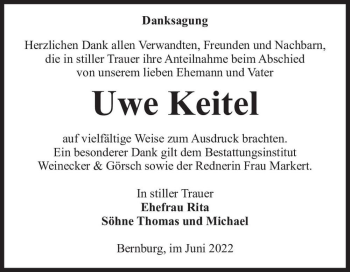 Traueranzeige von Uwe Keitel  von Magdeburger Volksstimme