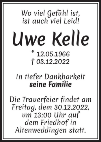 Traueranzeige von Uwe Kelle  von Magdeburger Volksstimme