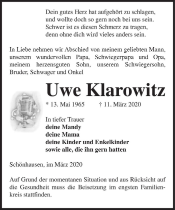 Traueranzeige von Uwe Klarowitz  von Magdeburger Volksstimme
