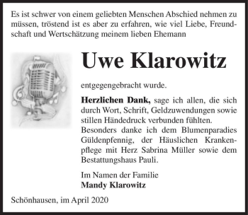 Traueranzeige von Uwe Klarowitz  von Magdeburger Volksstimme