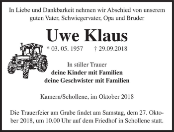 Traueranzeige von Uwe Klaus  von Magdeburger Volksstimme