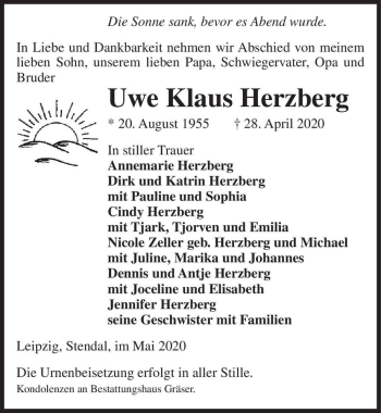 Traueranzeige von Uwe Klaus Herzberg  von Magdeburger Volksstimme