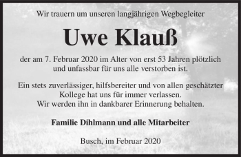 Traueranzeige von Uwe Klauß  von Magdeburger Volksstimme