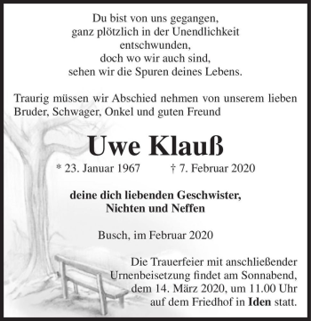 Traueranzeige von Uwe Klauß  von Magdeburger Volksstimme