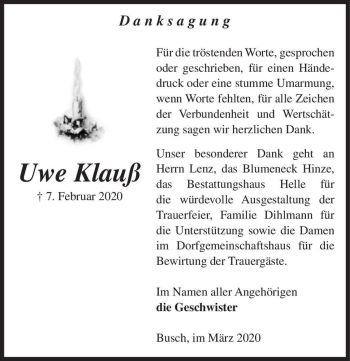 Traueranzeige von Uwe Klauß  von Magdeburger Volksstimme