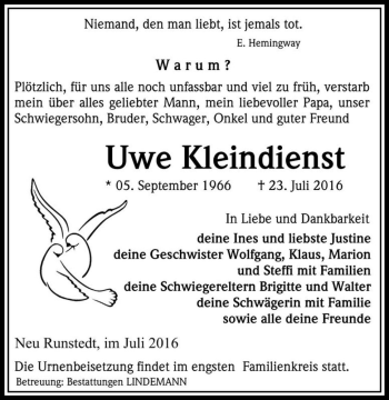 Traueranzeige von Uwe Kleindienst  von Magdeburger Volksstimme