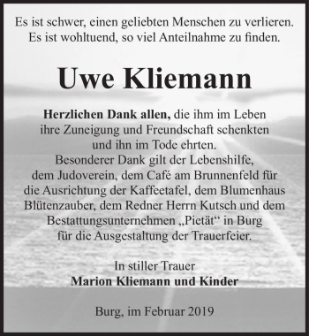 Traueranzeige von Uwe Kliemann  von Magdeburger Volksstimme