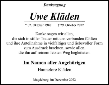 Traueranzeige von Uwe Kläden  von Magdeburger Volksstimme