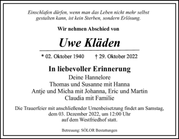 Traueranzeige von Uwe Kläden  von Magdeburger Volksstimme