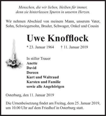 Traueranzeige von Uwe Knofflock  von Magdeburger Volksstimme