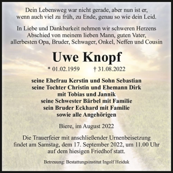 Traueranzeige von Uwe Knopf  von Magdeburger Volksstimme