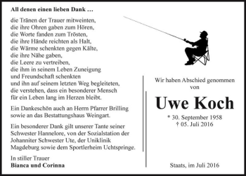Traueranzeige von Uwe Koch  von Magdeburger Volksstimme