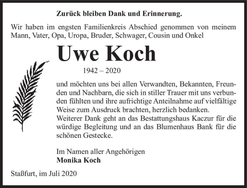 Traueranzeige für Uwe Koch  vom 01.08.2020 aus Magdeburger Volksstimme