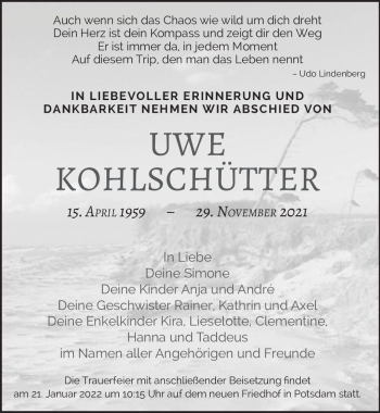 Traueranzeige von Uwe Kohlschütter  von Magdeburger Volksstimme