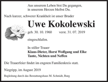 Traueranzeige von Uwe Kokolewski  von Magdeburger Volksstimme