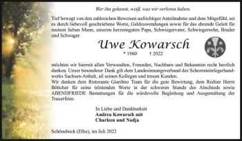 Traueranzeige von Uwe Kowarsch  von Magdeburger Volksstimme