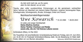 Traueranzeige von Uwe Kowarsch  von Magdeburger Volksstimme
