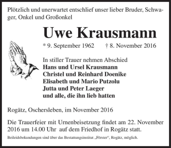 Traueranzeige von Uwe Krausmann  von Magdeburger Volksstimme