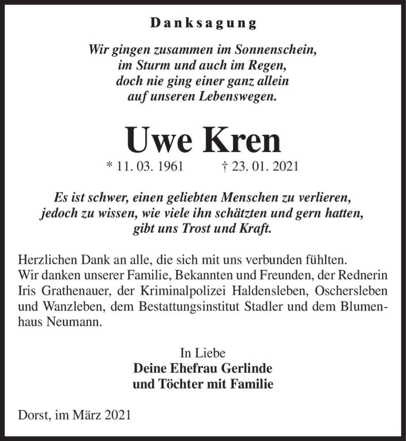  Traueranzeige für Uwe Kren  vom 20.03.2021 aus Magdeburger Volksstimme