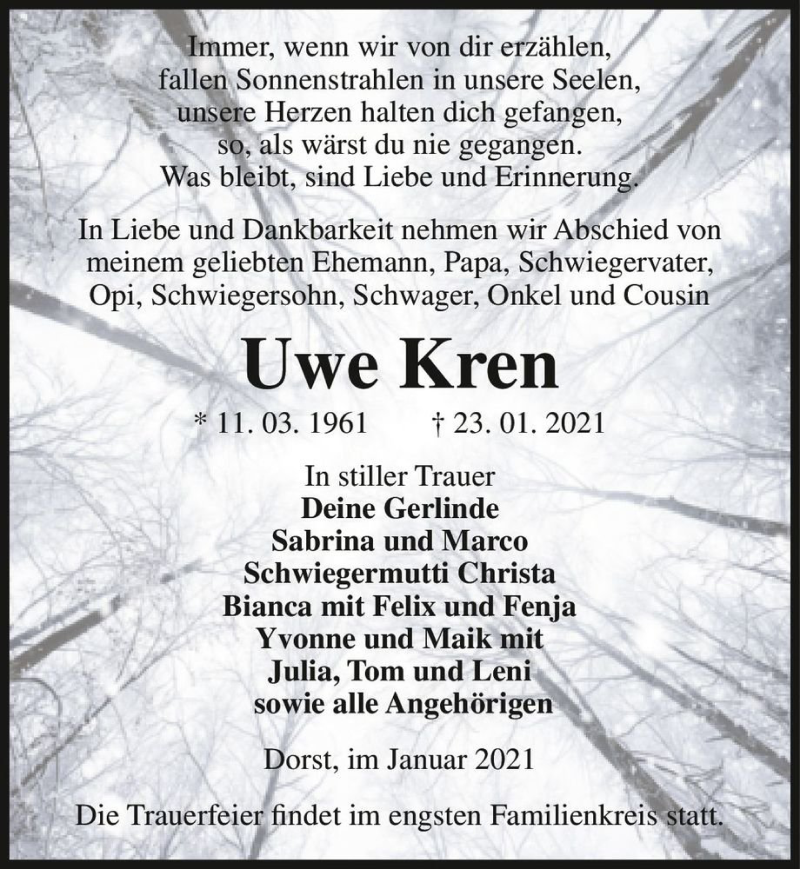  Traueranzeige für Uwe Kren  vom 04.02.2021 aus Magdeburger Volksstimme