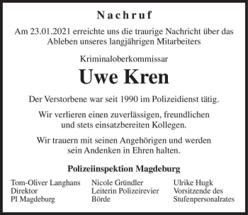 Traueranzeige von Uwe Kren  von Magdeburger Volksstimme