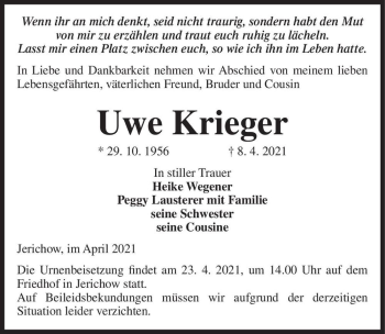 Traueranzeige von Uwe Krieger  von Magdeburger Volksstimme
