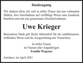 Traueranzeige von Uwe Krieger  von Magdeburger Volksstimme