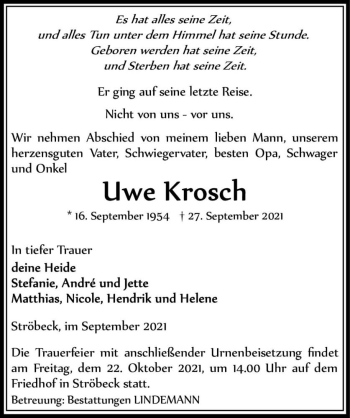 Traueranzeige von Uwe Krosch  von Magdeburger Volksstimme