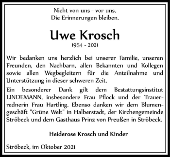 Traueranzeige von Uwe Krosch  von Magdeburger Volksstimme