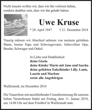 Traueranzeige von Uwe Kruse  von Magdeburger Volksstimme