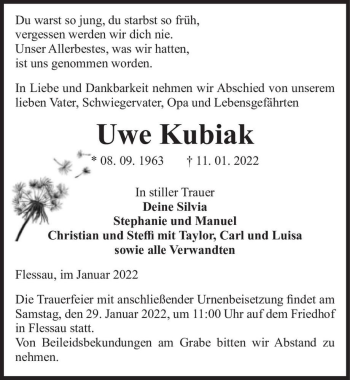 Traueranzeige von Uwe Kubiak  von Magdeburger Volksstimme