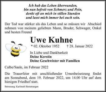 Traueranzeige von Uwe Kuhne  von Magdeburger Volksstimme