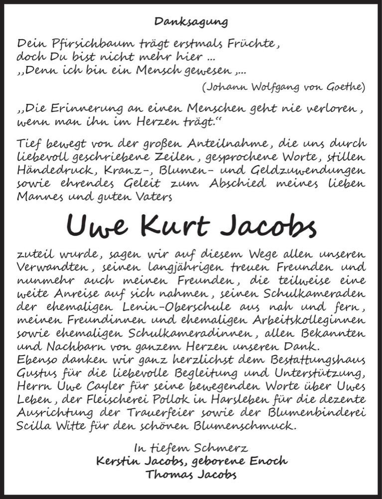  Traueranzeige für Uwe Kurt Jacobs  vom 11.07.2020 aus Magdeburger Volksstimme