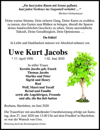 Traueranzeige von Uwe Kurt Jacobs  von Magdeburger Volksstimme