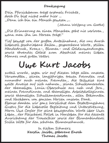 Traueranzeige von Uwe Kurt Jacobs  von Magdeburger Volksstimme
