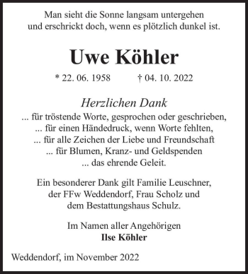 Traueranzeige von Uwe Köhler  von Magdeburger Volksstimme