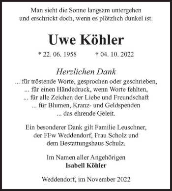 Traueranzeige von Uwe Köhler  von Magdeburger Volksstimme