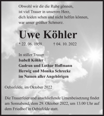 Traueranzeige von Uwe Köhler  von Magdeburger Volksstimme