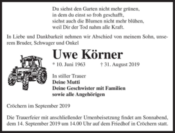 Traueranzeige von Uwe Körner  von Magdeburger Volksstimme