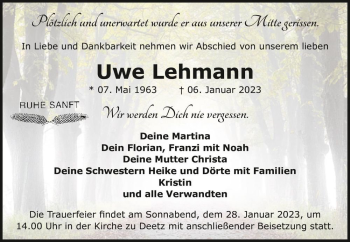 Traueranzeige von Uwe Lehmann  von Magdeburger Volksstimme