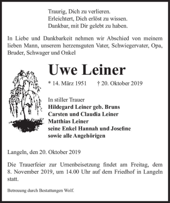 Traueranzeige von Uwe Leiner  von Magdeburger Volksstimme