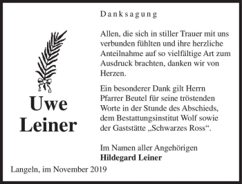 Traueranzeige von Uwe Leiner  von Magdeburger Volksstimme