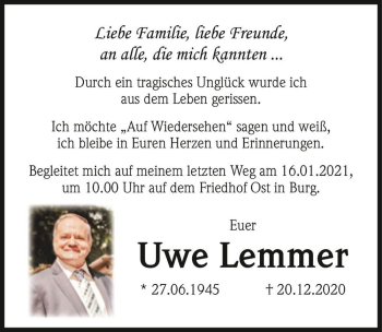 Traueranzeige von Uwe Lemmer  von Magdeburger Volksstimme