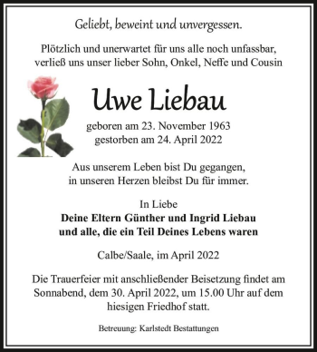 Traueranzeige von Uwe Liebau  von Magdeburger Volksstimme