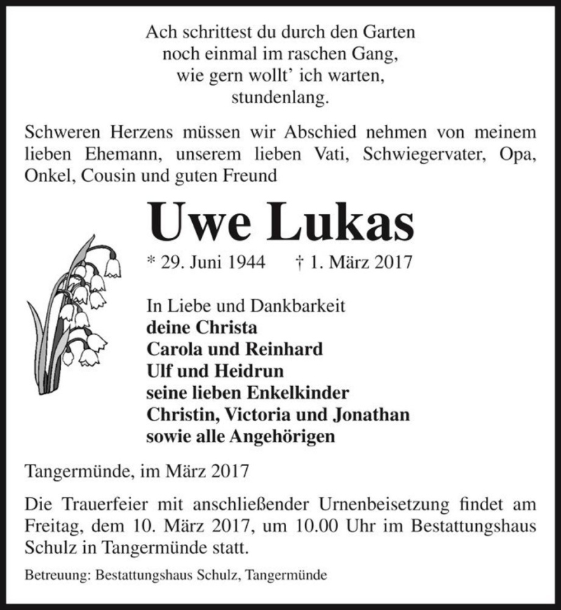  Traueranzeige für Uwe Lukas  vom 04.03.2017 aus Magdeburger Volksstimme