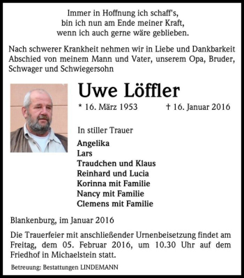 Traueranzeige von Uwe Löffler  von Magdeburger Volksstimme