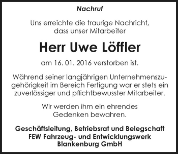 Traueranzeige von Uwe Löffler  von Magdeburger Volksstimme