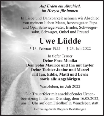 Traueranzeige von Uwe Lüdde  von Magdeburger Volksstimme