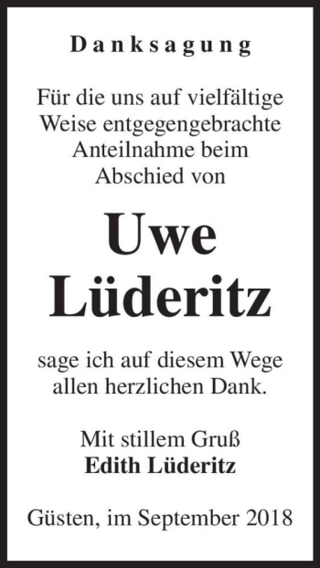 Traueranzeige von Uwe Lüderitz  von Magdeburger Volksstimme